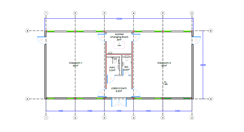 Drawing Plan for Modular Double Classroom with Shared Ancillary Accommodation