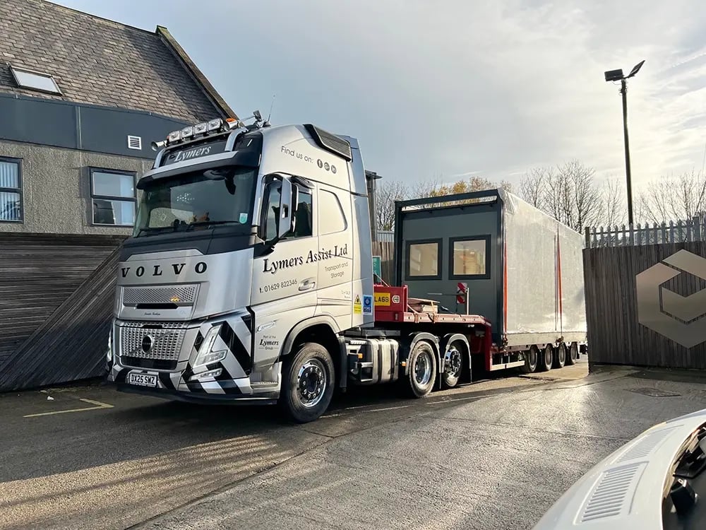 Temporary modular lecture theatre leaving elite systems factory