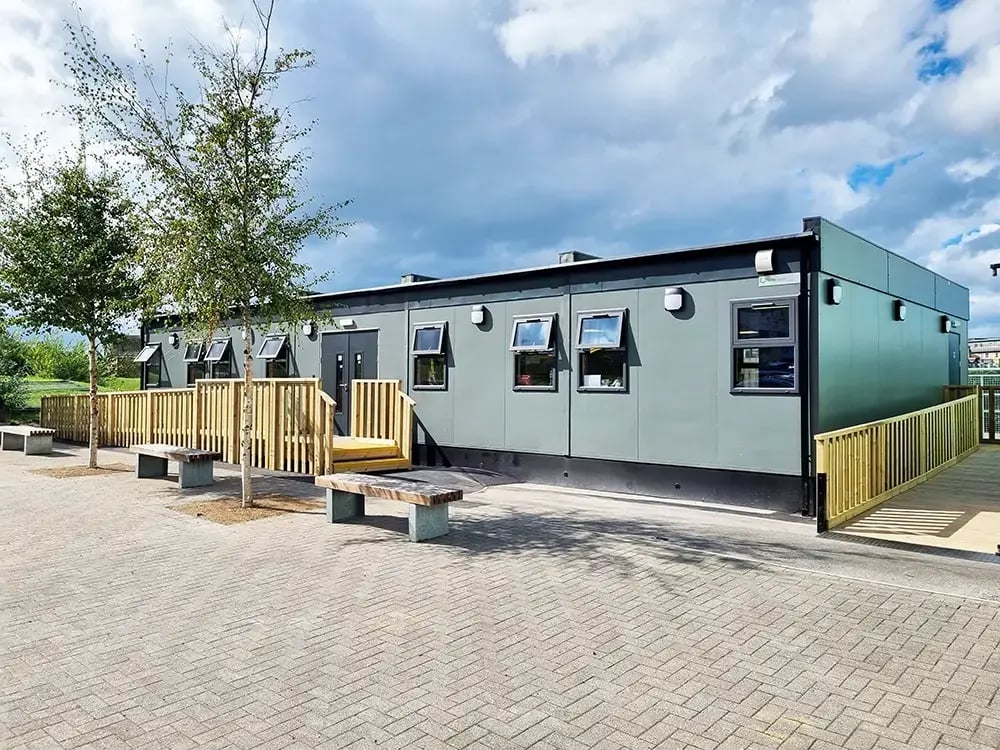Ysgol Gogarth School Modular Double Classroom front landscaping-1