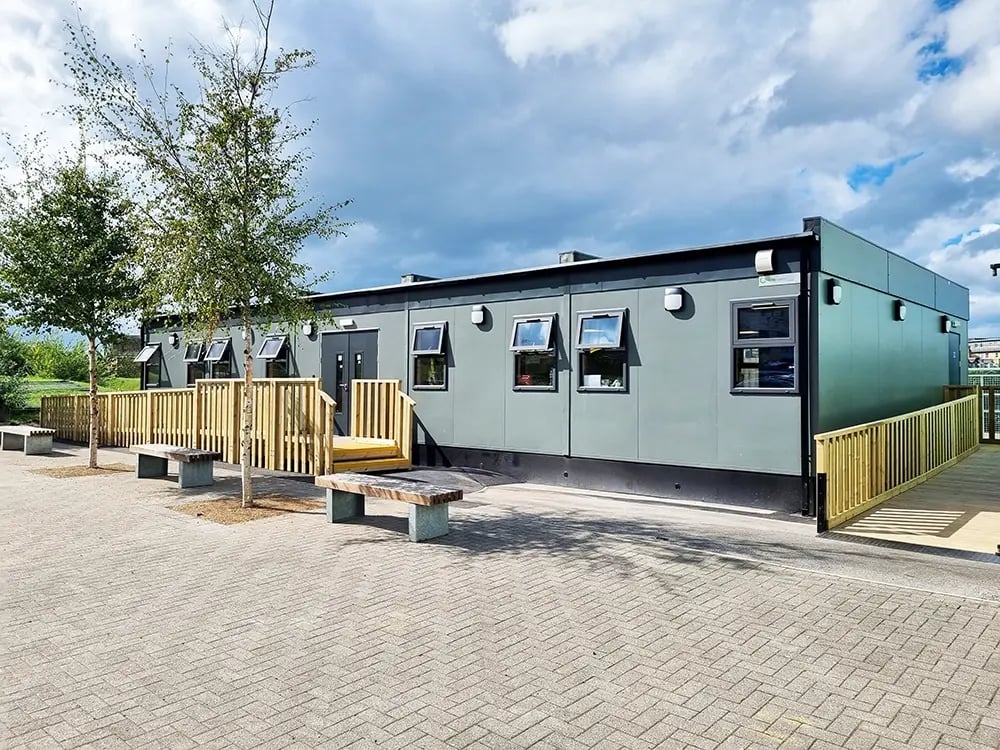 Ysgol Gogarth School Modular Double Classroom front landscaping