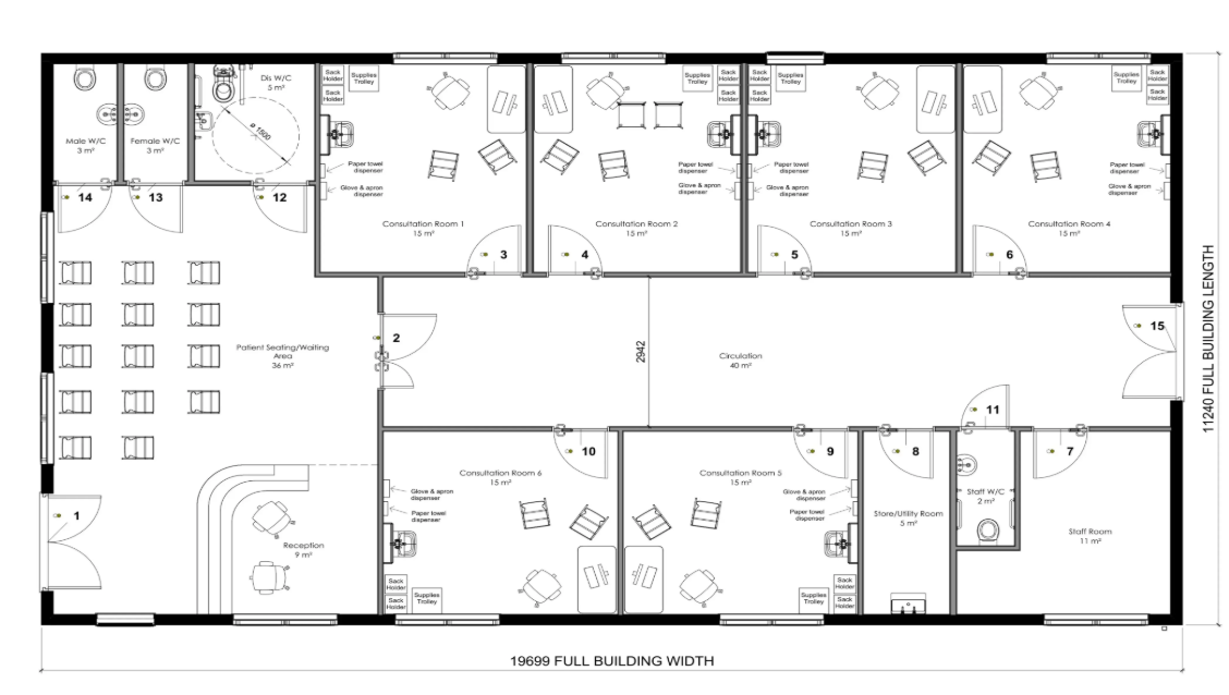 image-png-1Typical layout of a permanent modular GP surgery building showing reception, patient waiting area, consultation rooms, staff facilities and clinical support spaces.