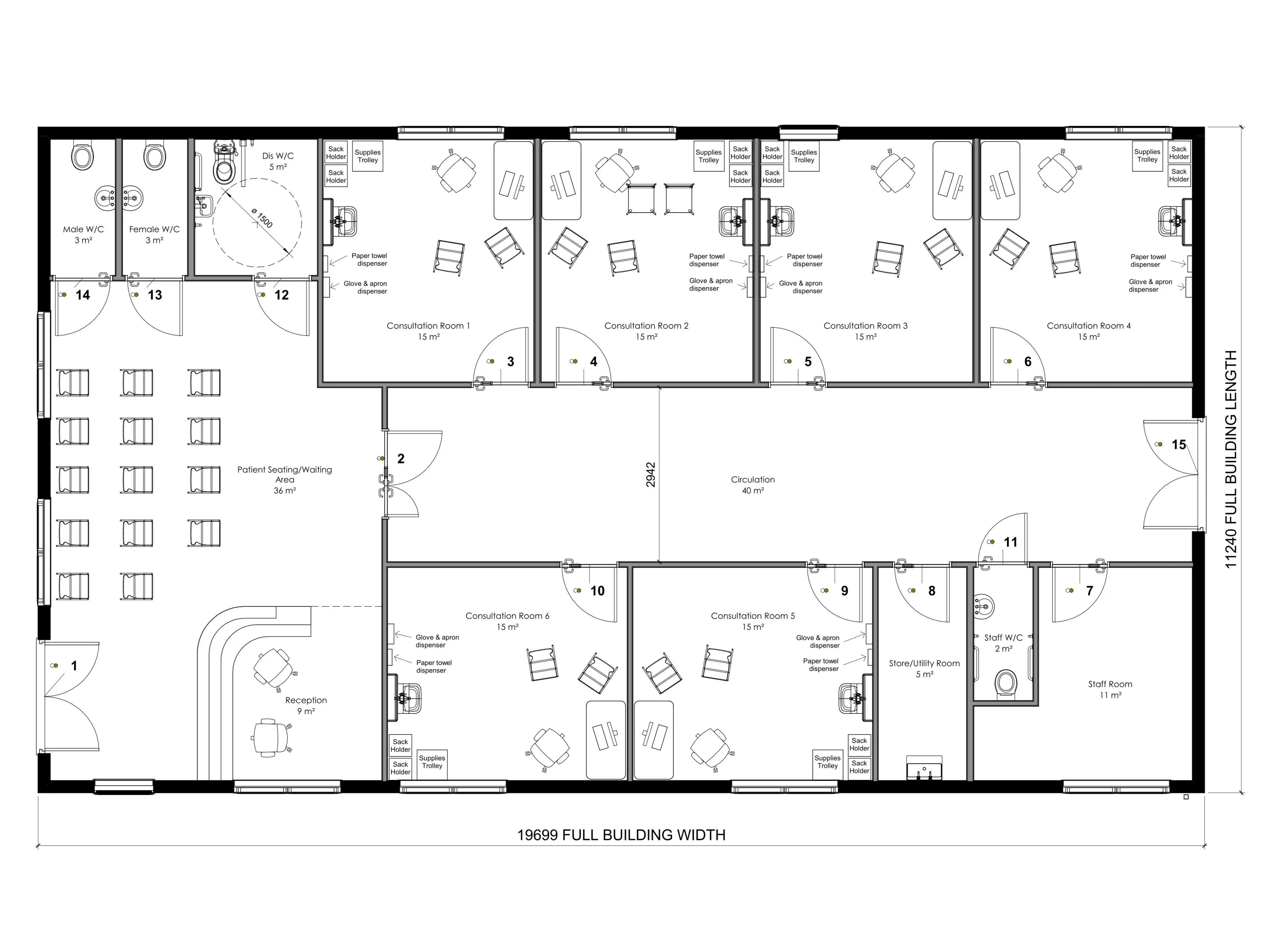 Floor plan of a permanent modular GP surgery with consultation rooms, reception, waiting area, accessible WC, staff room and utility facilities.