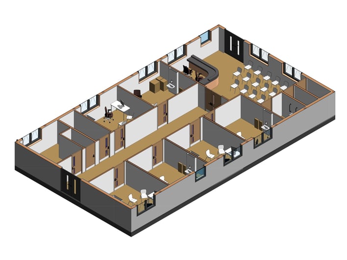 3D floor plan of a modular healthcare building showing consultation rooms, reception area, waiting room, toilets and central corridor