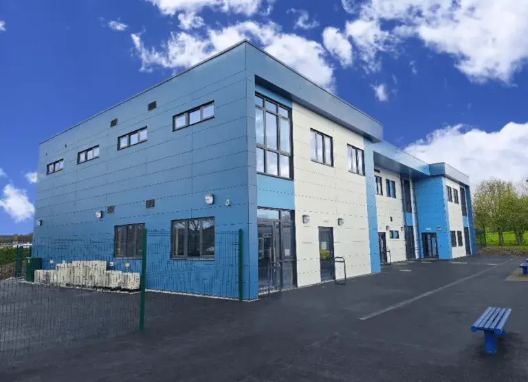 Modern modular buildings exterior showing durable prefabricated structure used for commercial or educational facilities.