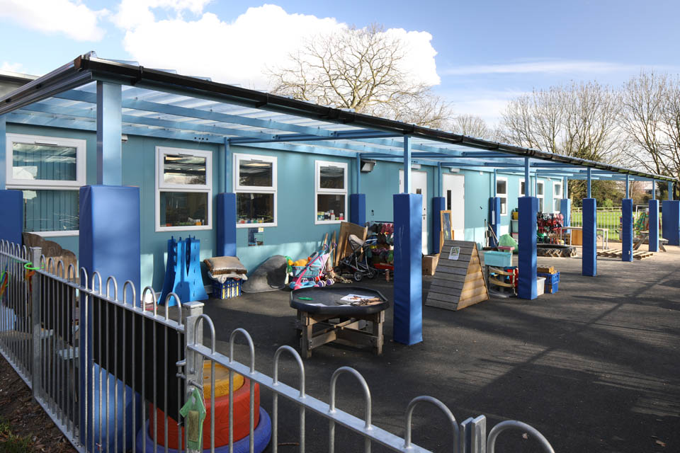 A modular classroom and play area at Stanway Primary School