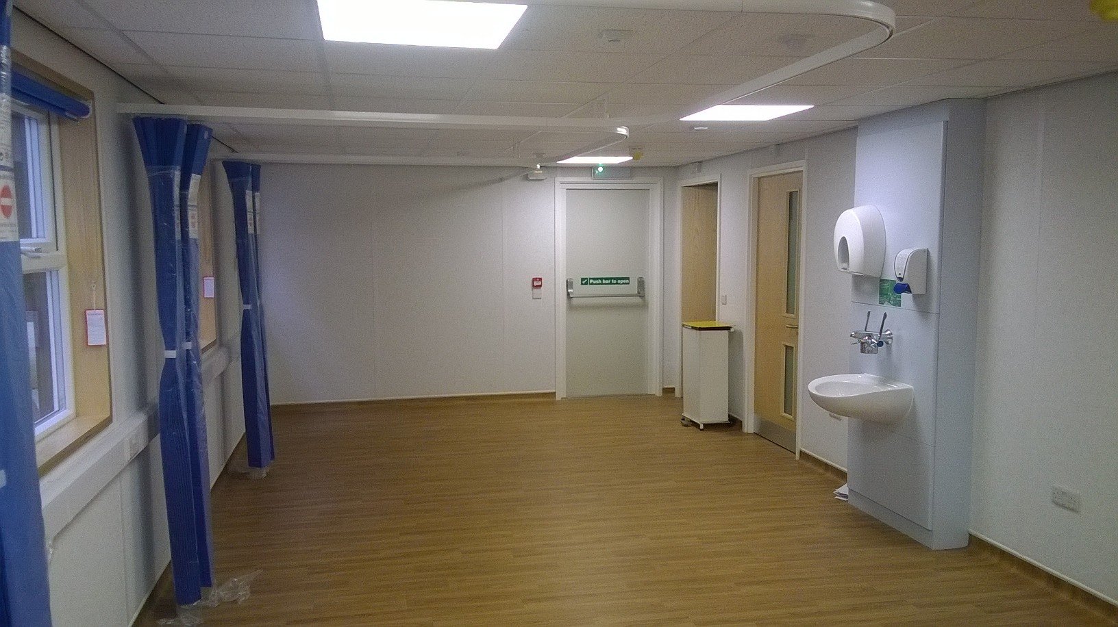 view inside of modular hospital building showing fixtures and fittings