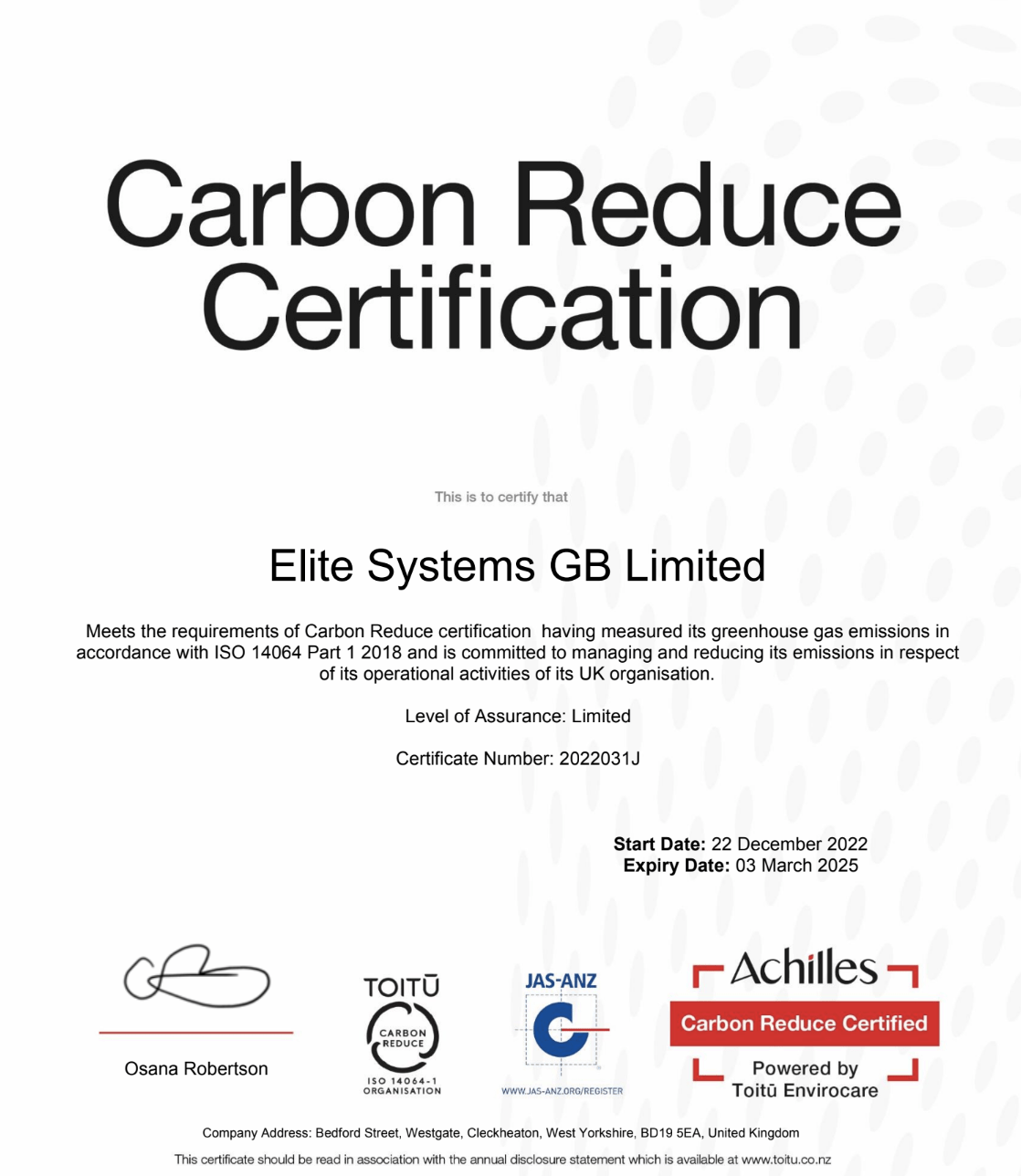 Front cover of 'Carbon Reduction Certificate' PDF