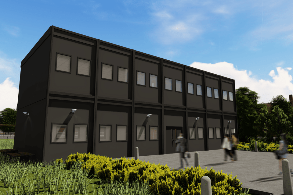 architect mock up of a 2 Storey modular building hire FRONT